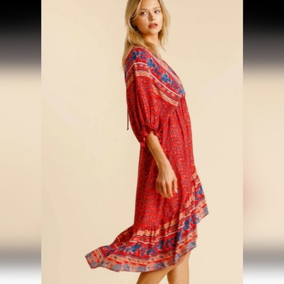 Umgee Boho Floral Hi-Low Maxi Dress L Plunging V-Neck V-back Flowy Festival Chic - Picture 11 of 14